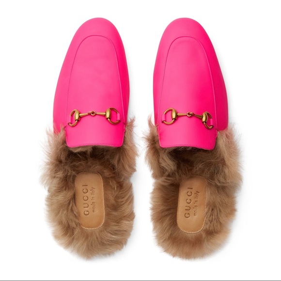 Gucci Princetown Pink Leather Fur Mules 